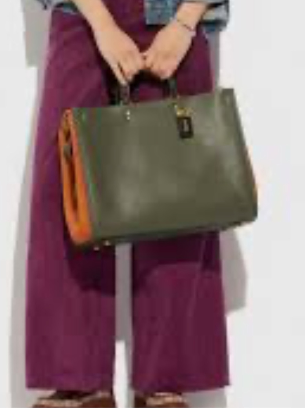 Coach Rogue 39 Olive Green Leather Tote with Cognac Suede Side Panels - Picture 1 of 16